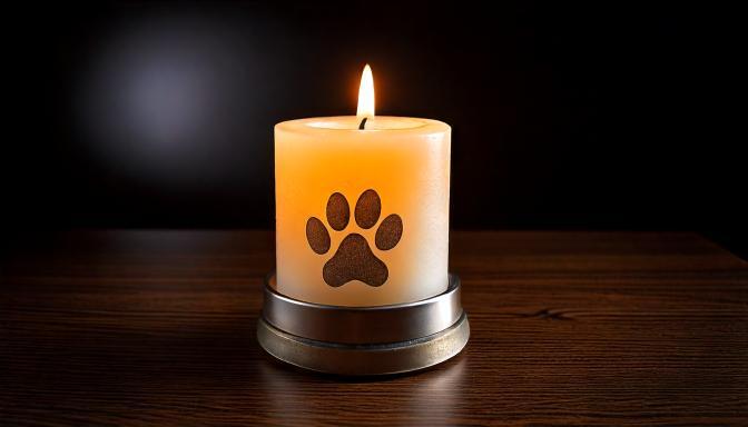 A lit candle on a wooden surface features a paw print design, offering comforting light during end-of-life care moments.